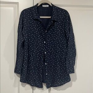 Womens Dark Blue Floral Button-Down Shirt